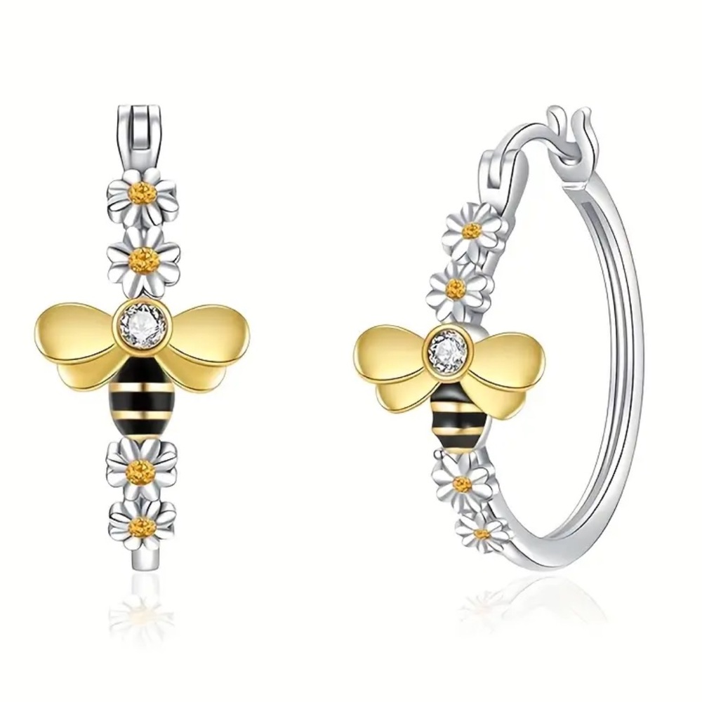 🐝 Bee & Daisy Floral Hoop Earrings Gold Silver Two Tone